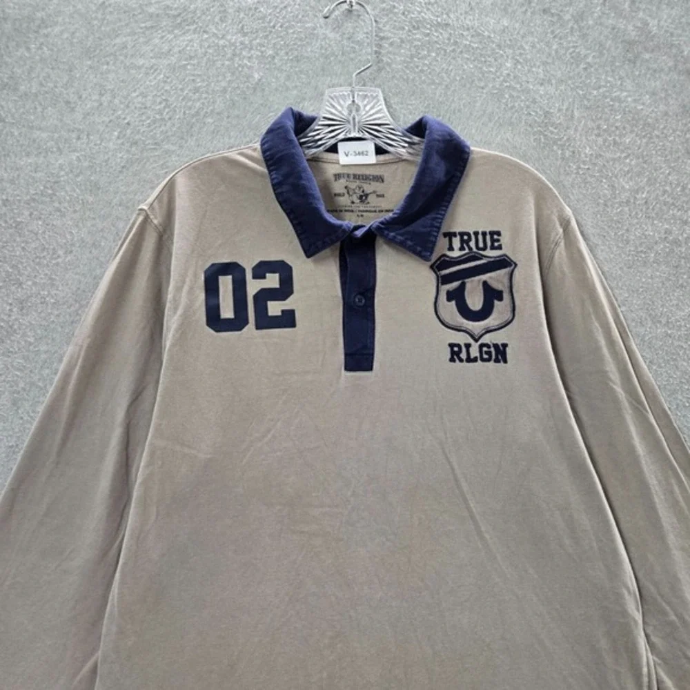 True‎ Religion Men Polo Shirt Large Beige Rugby Logo Embroidered Long Sleeve